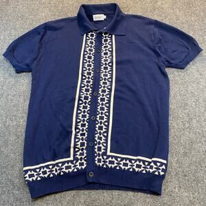 Ox Knit Mens 2XL XXL Navy Blue Short Sleeve Collared Cardigan Sweater All Cotton